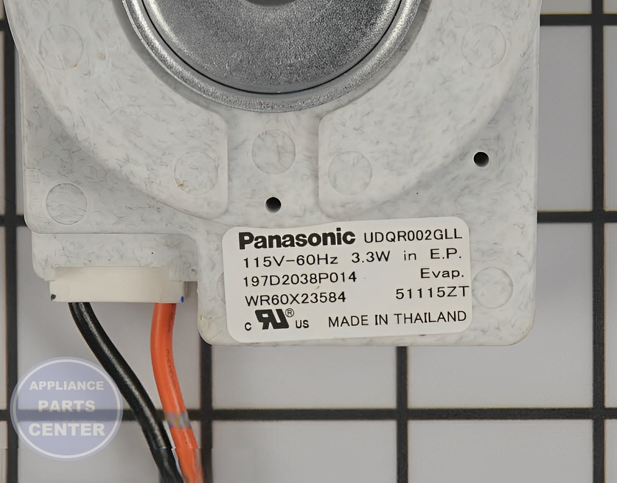GE REFRIGERATOR EVAPORATOR FAN MOTOR WR60X31522 - Side view with precise specifications