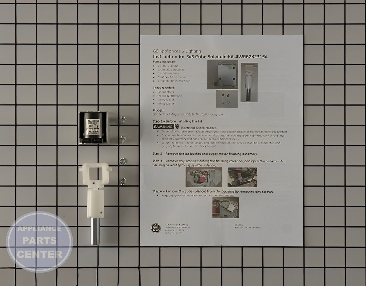 GE REFRIGERATOR ICE DISPENSER SOLENOID KIT WR62X23154 - Main view showing ice dispenser compatibility for GE models