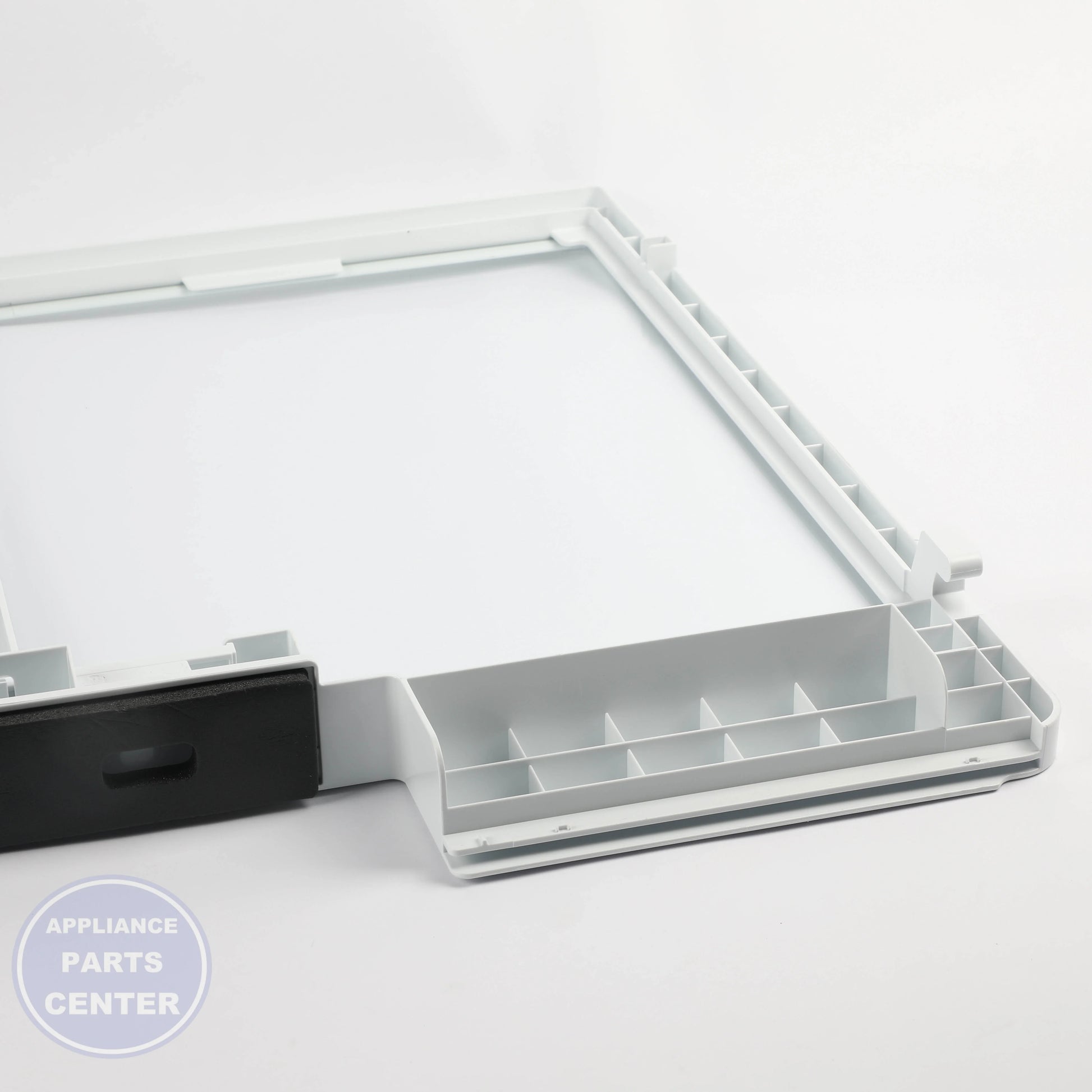 GEH FULL-WIDTH DRAWER COVER WITH GLASS WR71X42026 - Installation in GEH model showcasing key mounting points