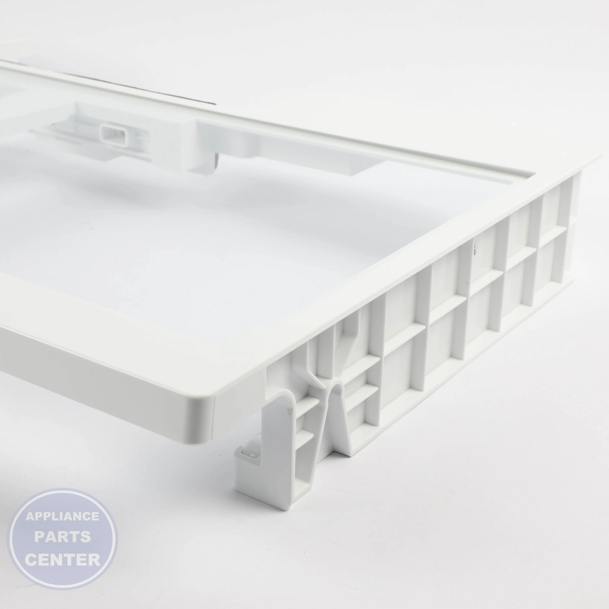 FULL-WIDTH DRAWER COVER WITH GLASS WR71X42037 - Side view with precise measurements and specs