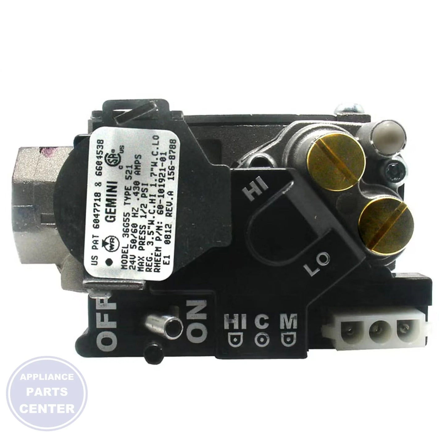 RHEEM 1/2" NG SLOW OPEN 2-STAGE GAS VALVE - Side view with 1/2" measurements