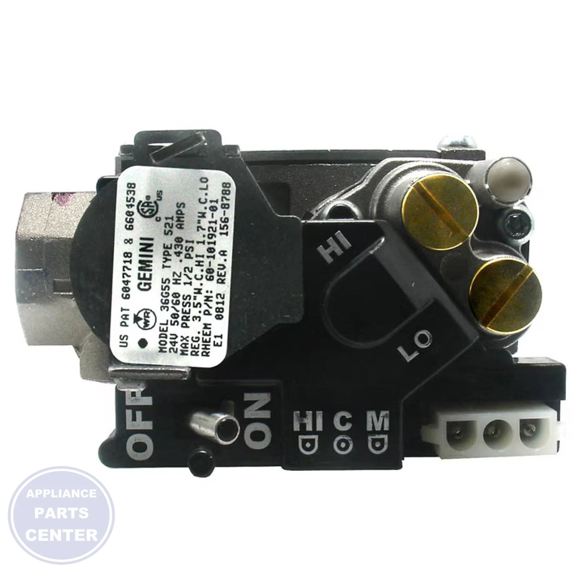 RHEEM 1/2" NG SLOW OPEN 2-STAGE GAS VALVE - Side view with 1/2" measurements