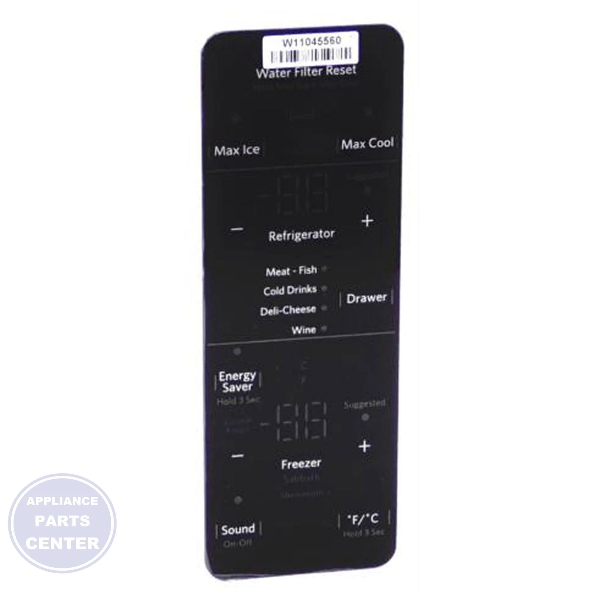 Whirlpool Refrigerator Electronic Control Board W11099340 - Main view showing temperature control panel for various Whirlpool models